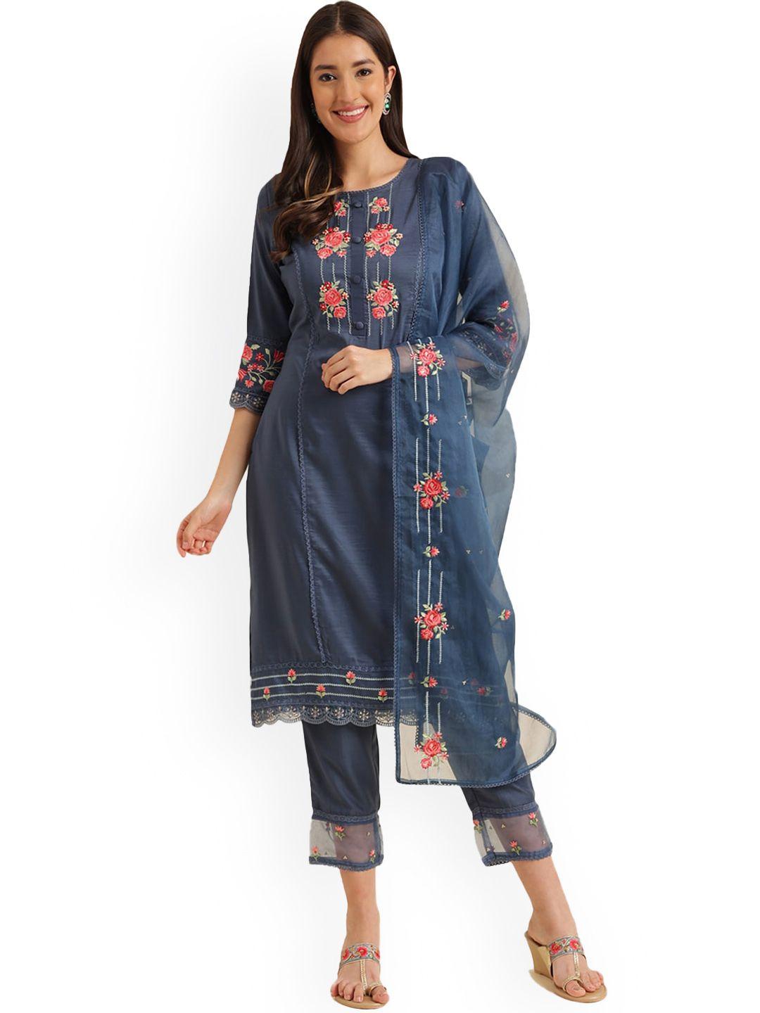 nimayaa women navy blue floral embroidered regular thread work kurta with trousers & with dupatta