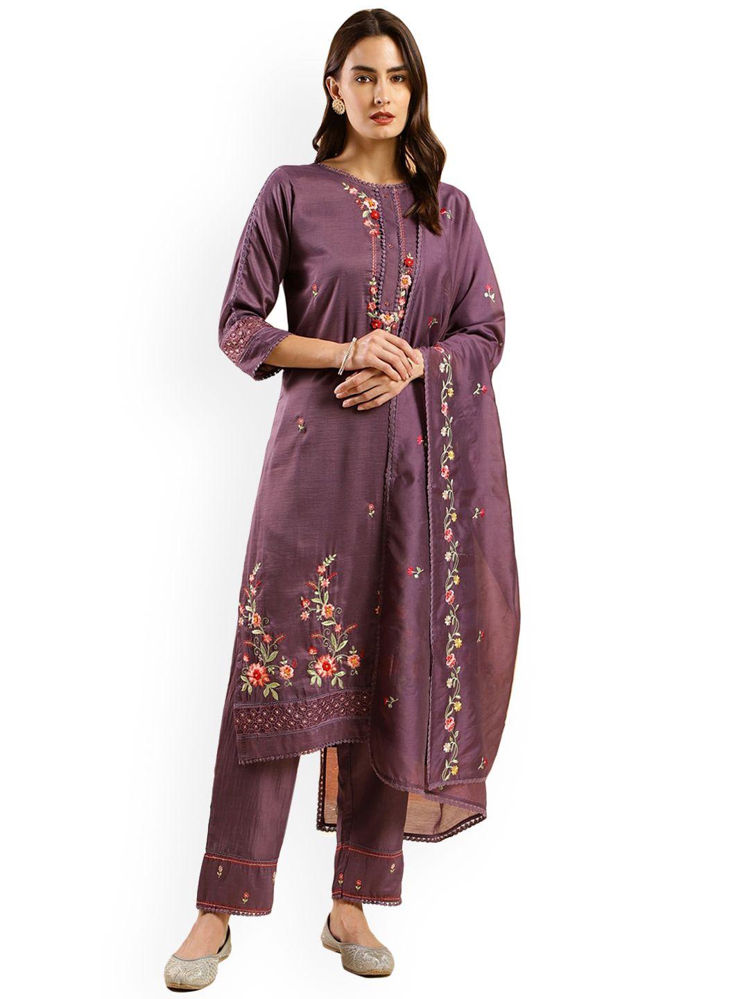 nimayaa women purple floral embroidered regular thread work kurta with trousers & with dupatta