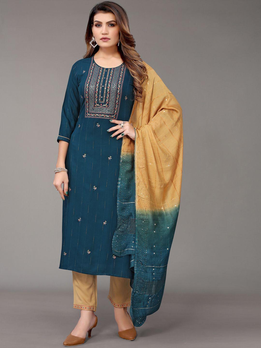 nimayaa women teal embroidered sequinned kurta with trousers & with dupatta