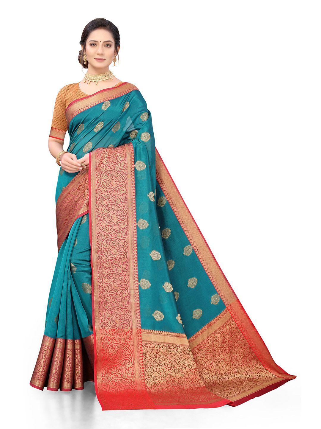 nimayaa women turquoise blue & red woven design zari organza banarasi saree