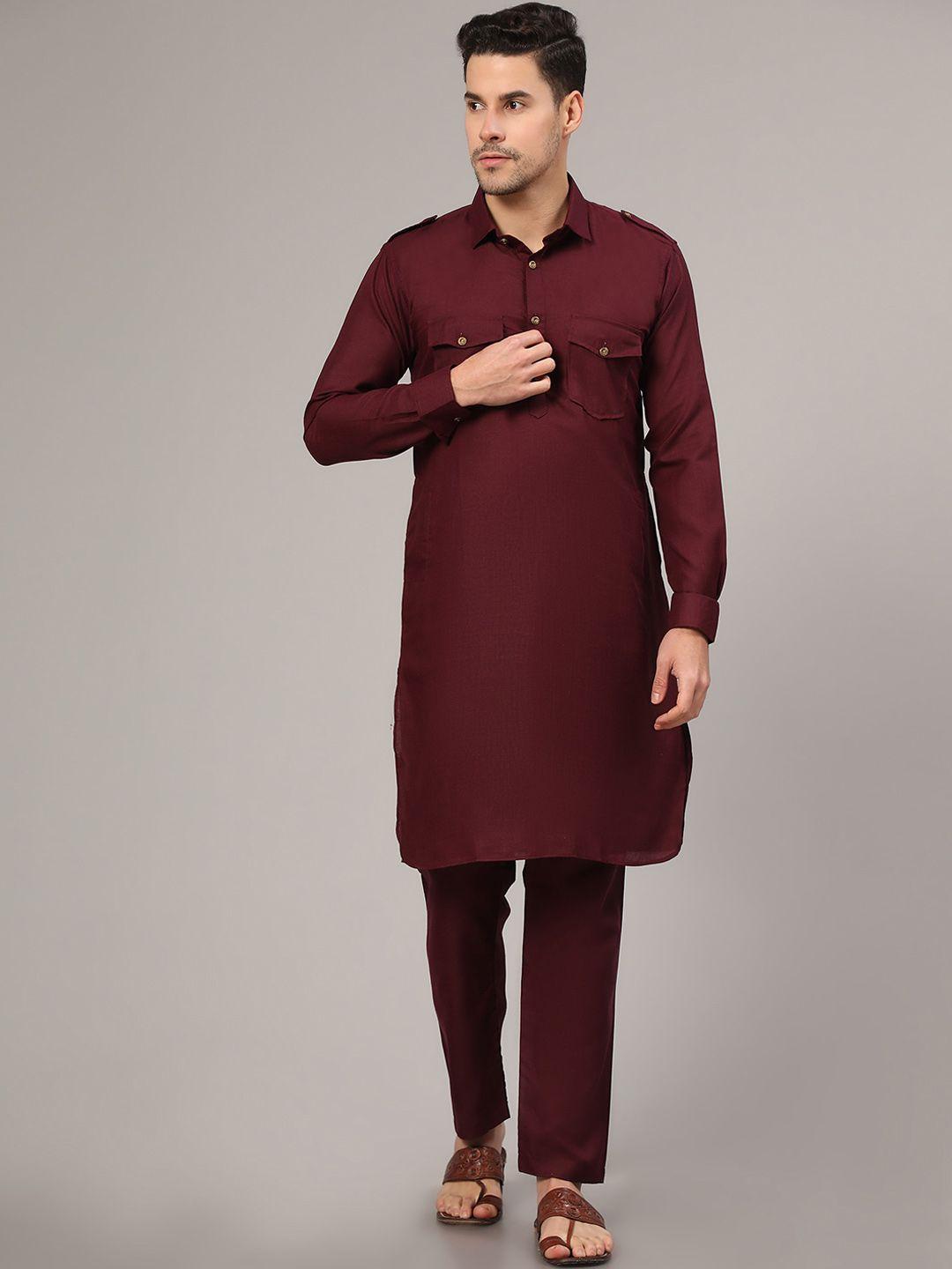 nimidiya men maroon regular pure cotton kurta with pyjamas