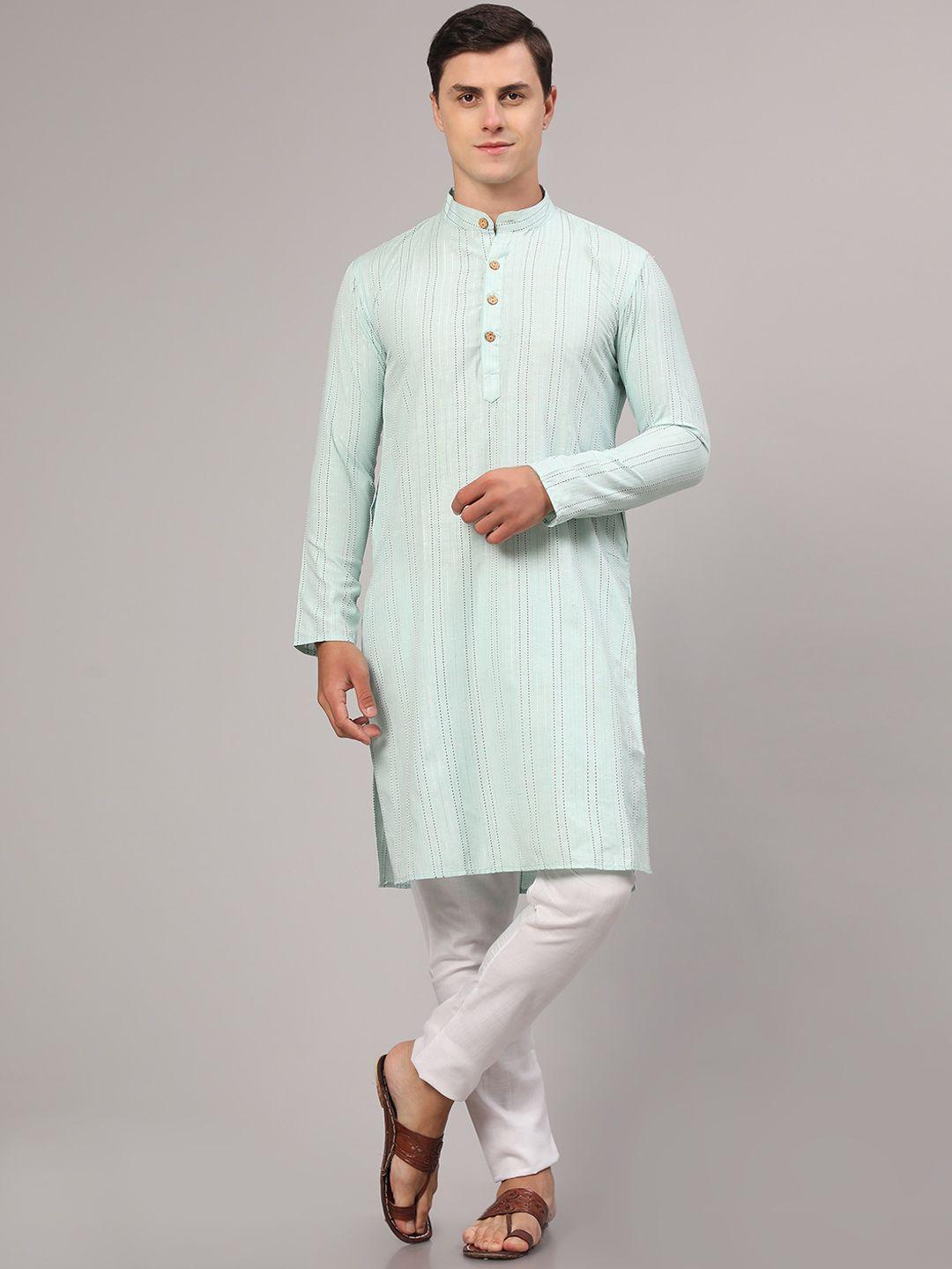 nimidiya men sea green striped regular pure cotton kurta with pyjamas