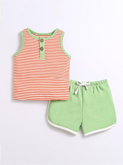 nino bambino kids orange & light green striped tank top with shorts
