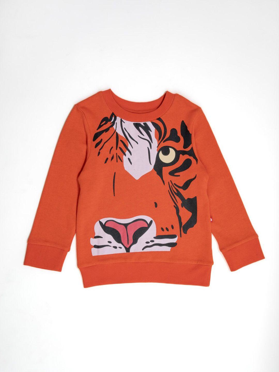 nino bambino boys orange printed cotton round neck  sweatshirt