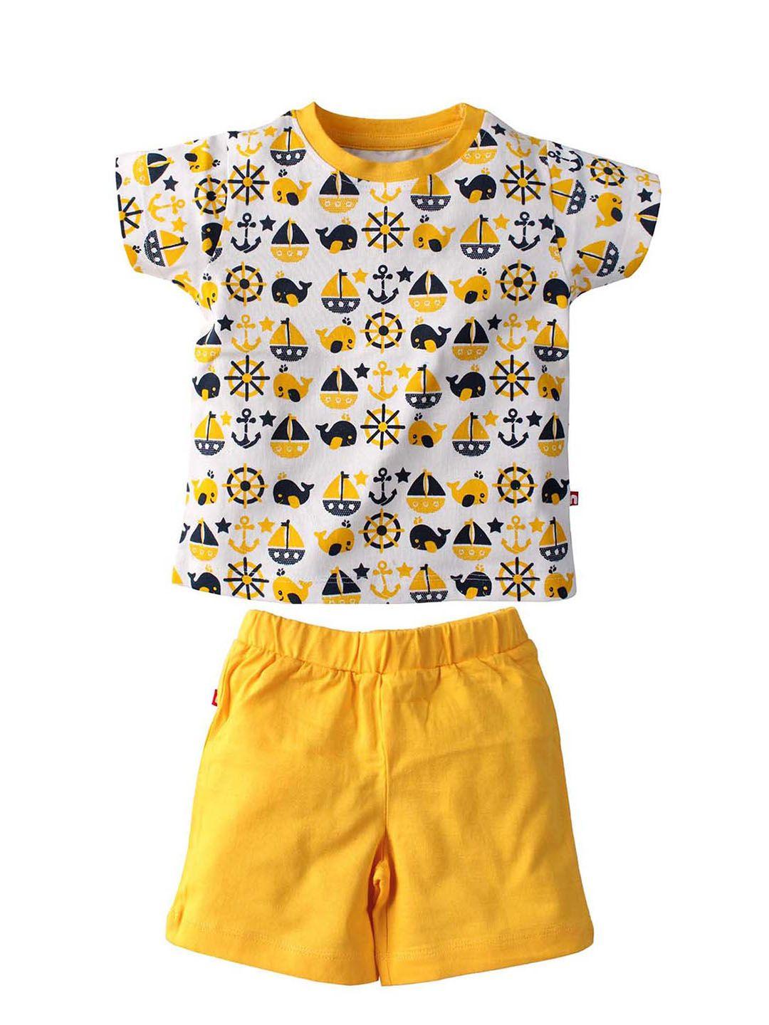 nino bambino boys white & mustard yellow printed organic cotton co-ords set
