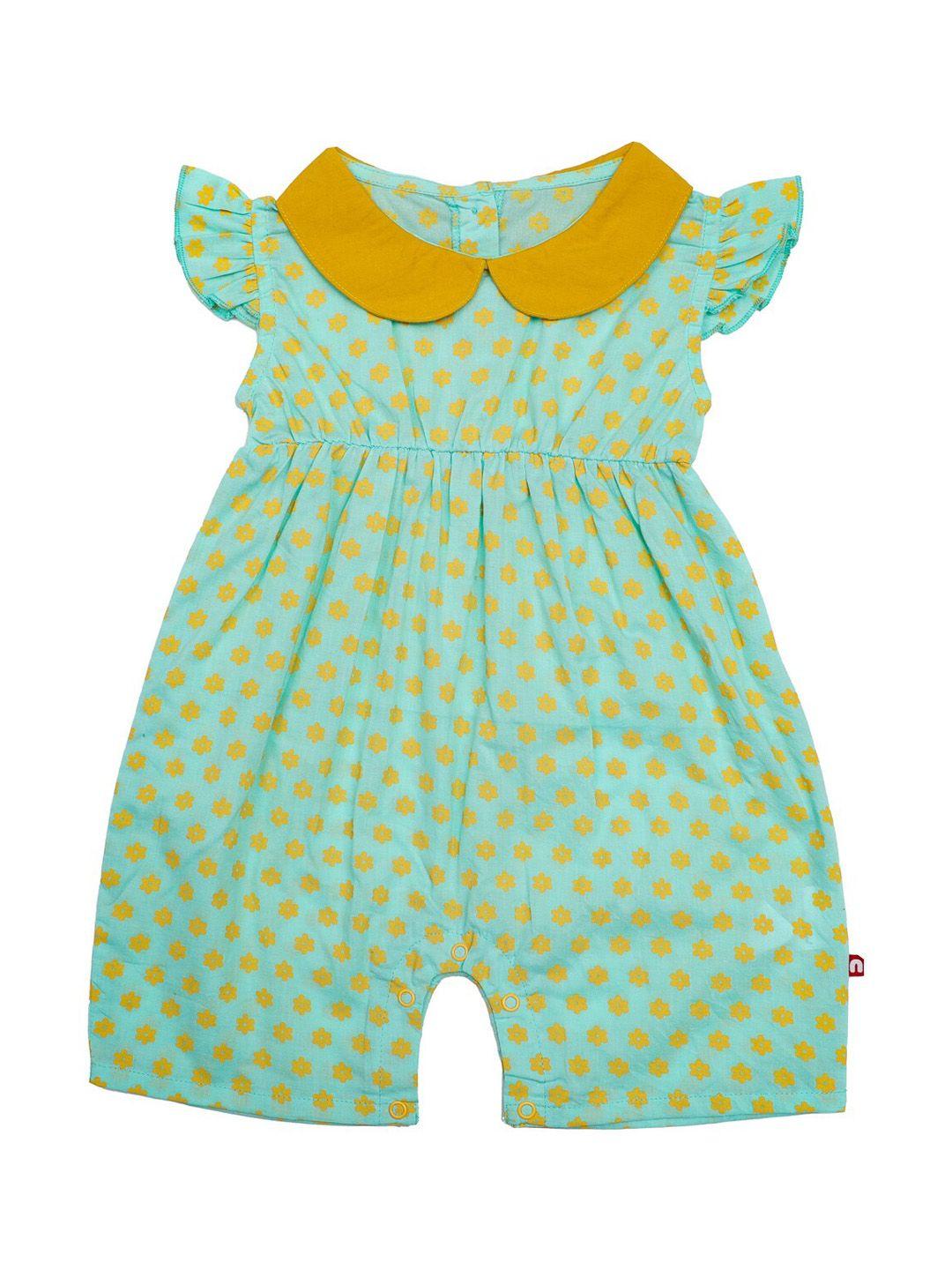 nino bambino girls green & yellow printed pure organic cotton rompers