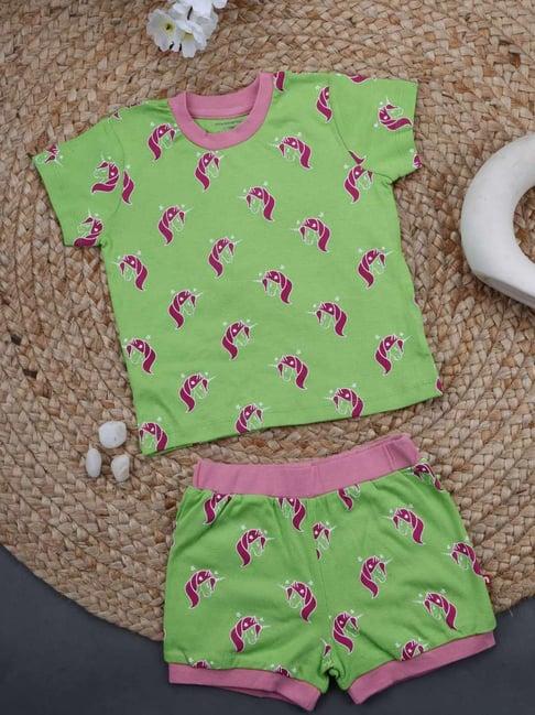 nino bambino kids green & pink cotton printed t-shirt set