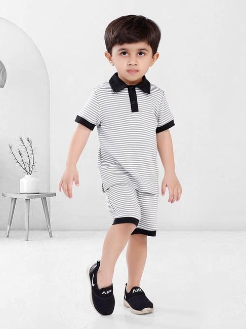 nino bambino kids grey & white striped polo t-shirt with shorts