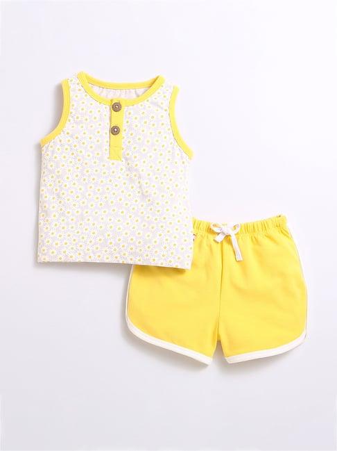 nino bambino kids white & yellow floral print tank top with shorts