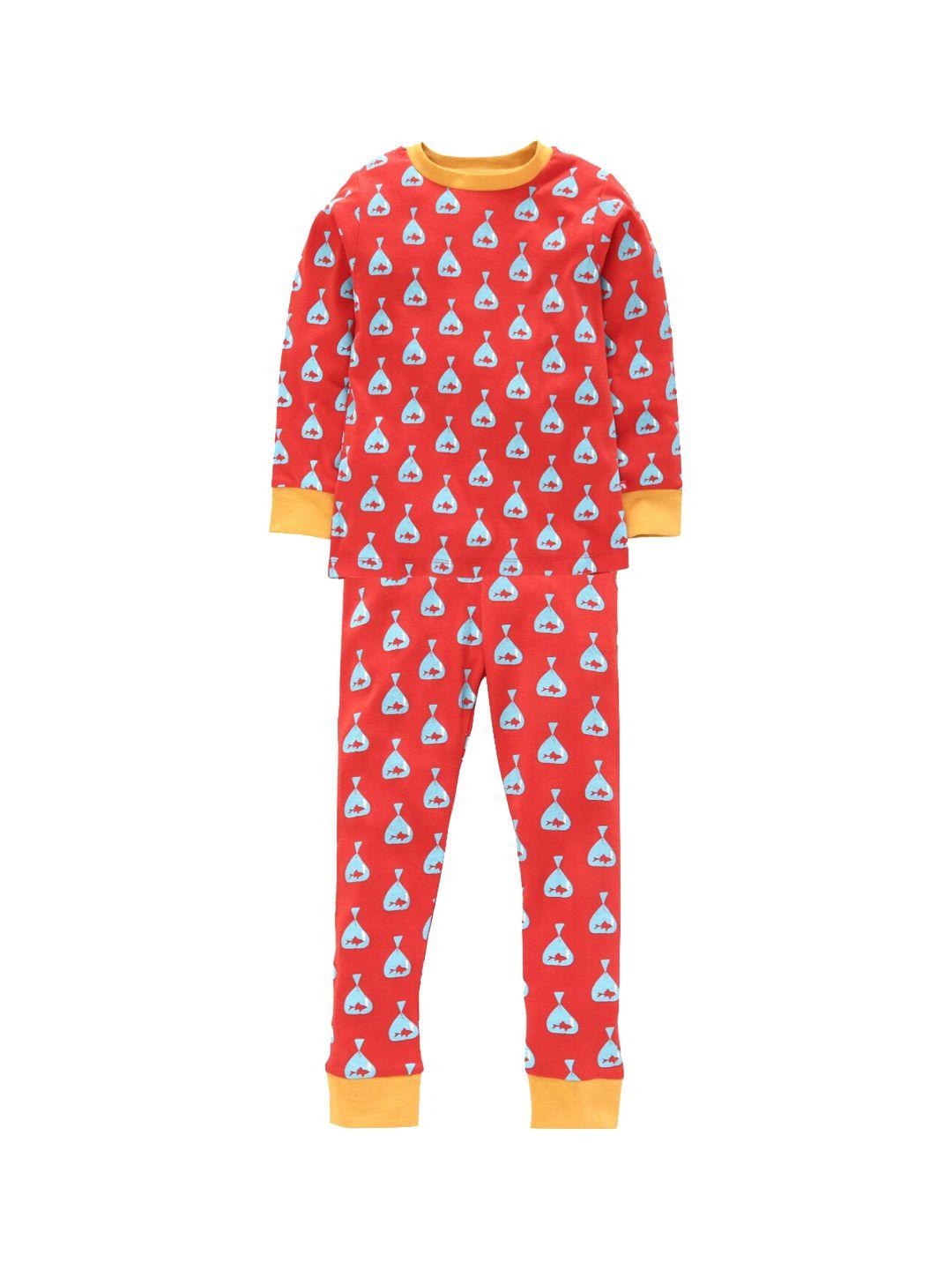 nino bambino unisex kids red & yellow organic cotton printed t-shirt with pyjamas