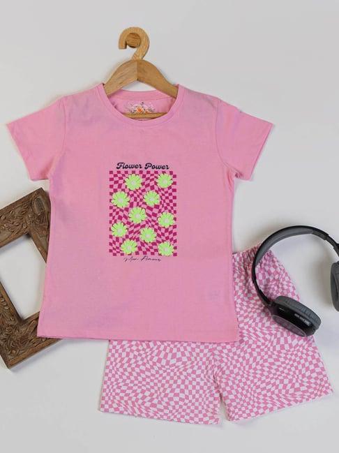 nins moda kids pink printed t-shirt with shorts