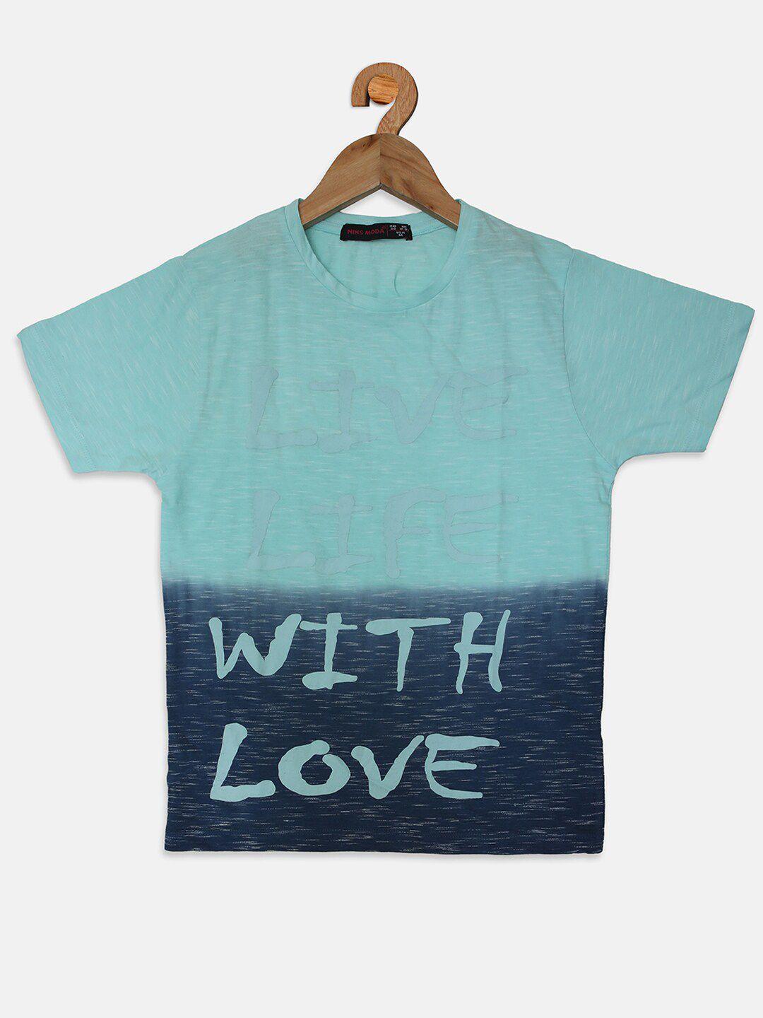 nins moda boys blue & sea green typography printed cotton t-shirt