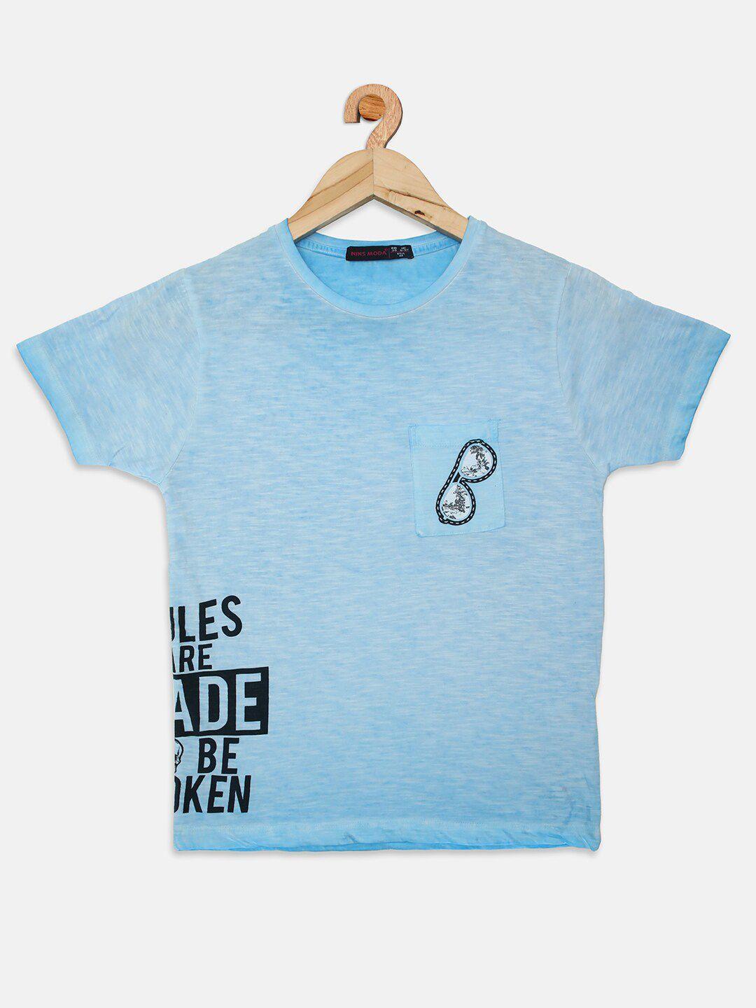 nins moda boys blue typography printed applique t-shirt