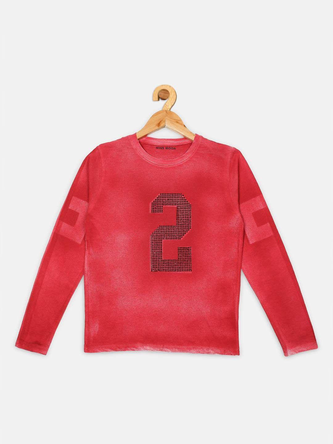 nins moda boys red embroidered round neck t-shirt