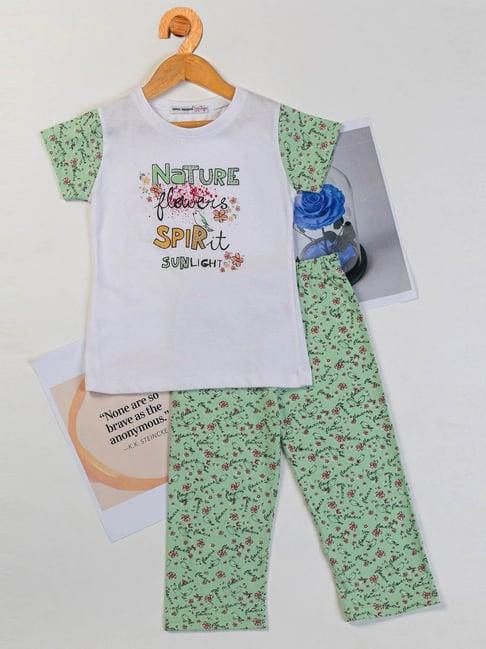 nins moda kids white & green printed t-shirt with pyjamas