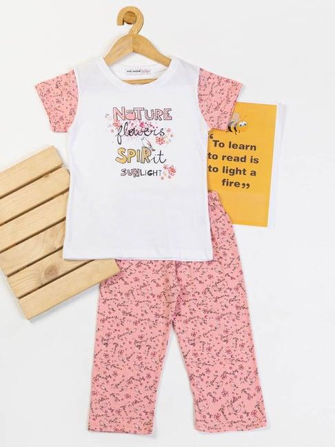 nins moda kids white & peach printed t-shirt with pyjamas