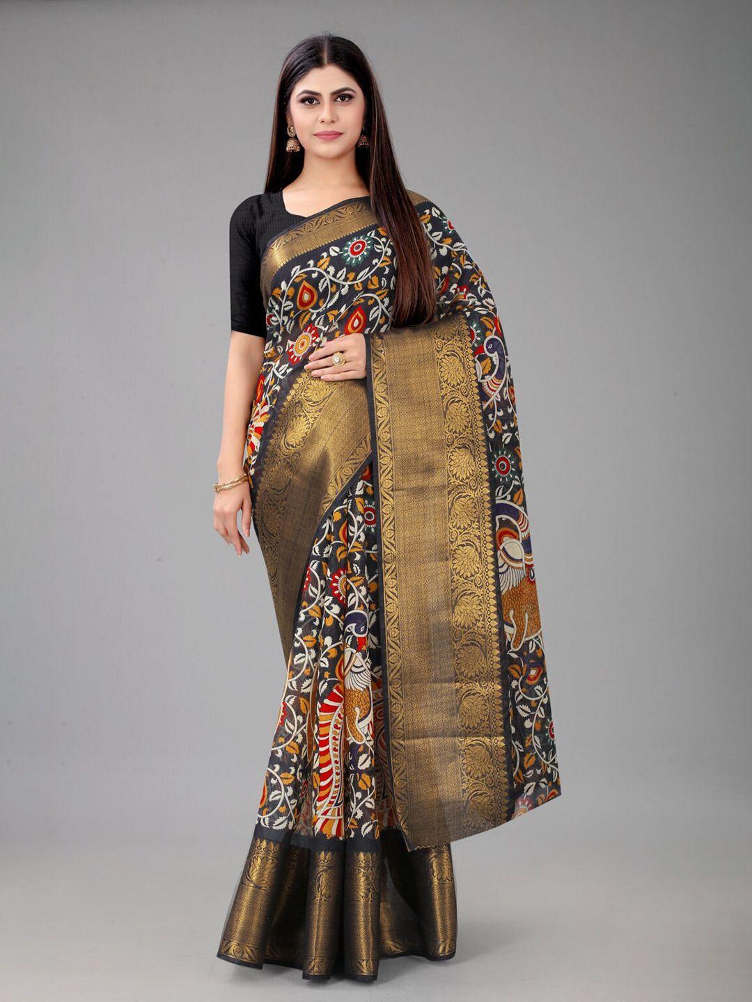 nirja fab black & gold-toned floral zari silk blend chanderi saree