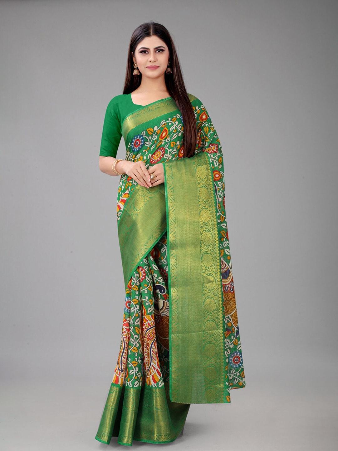 nirja fab green & orange ethnic motifs zari silk blend chanderi saree