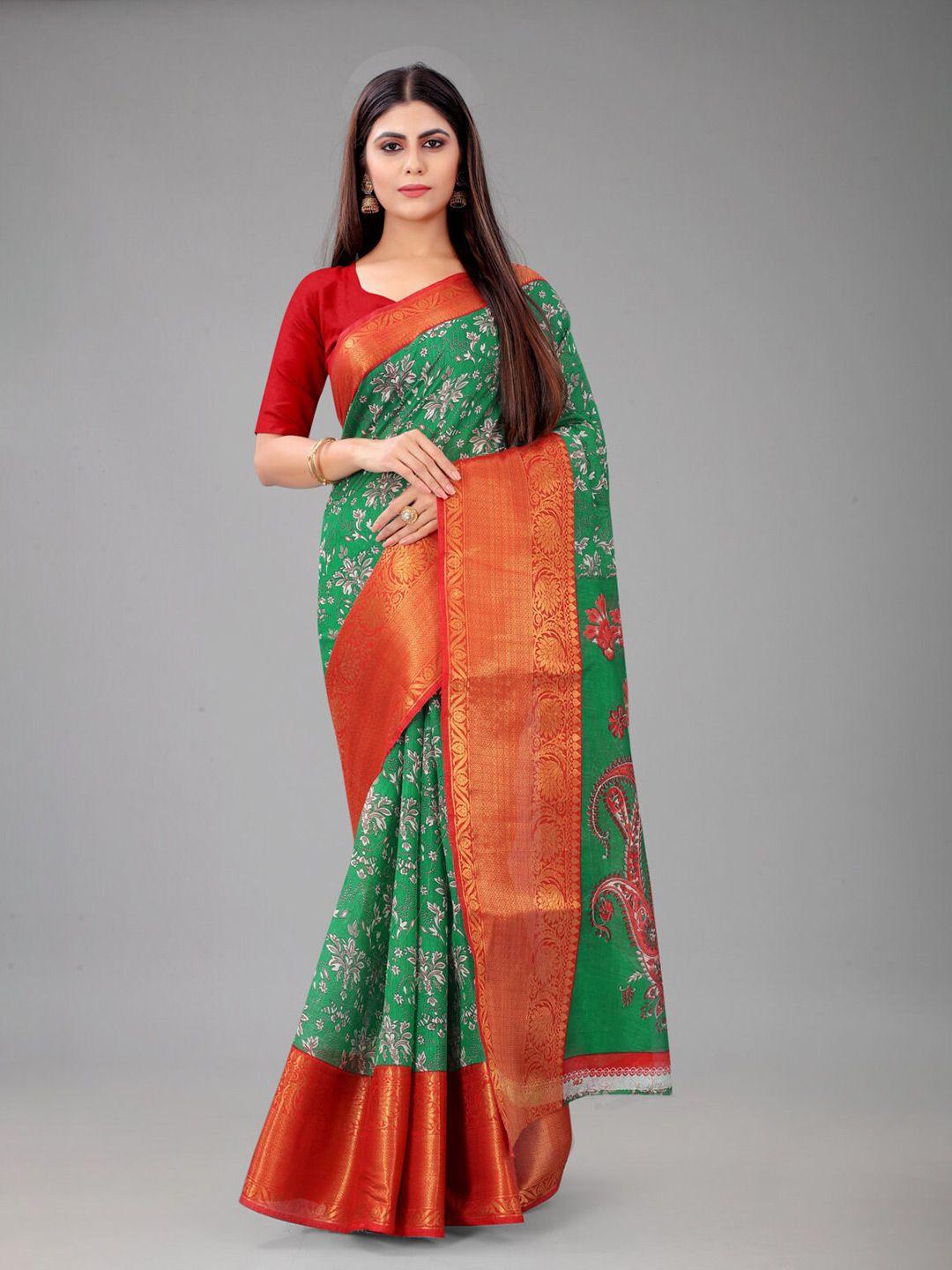 nirja fab green & red floral zari silk blend chanderi saree