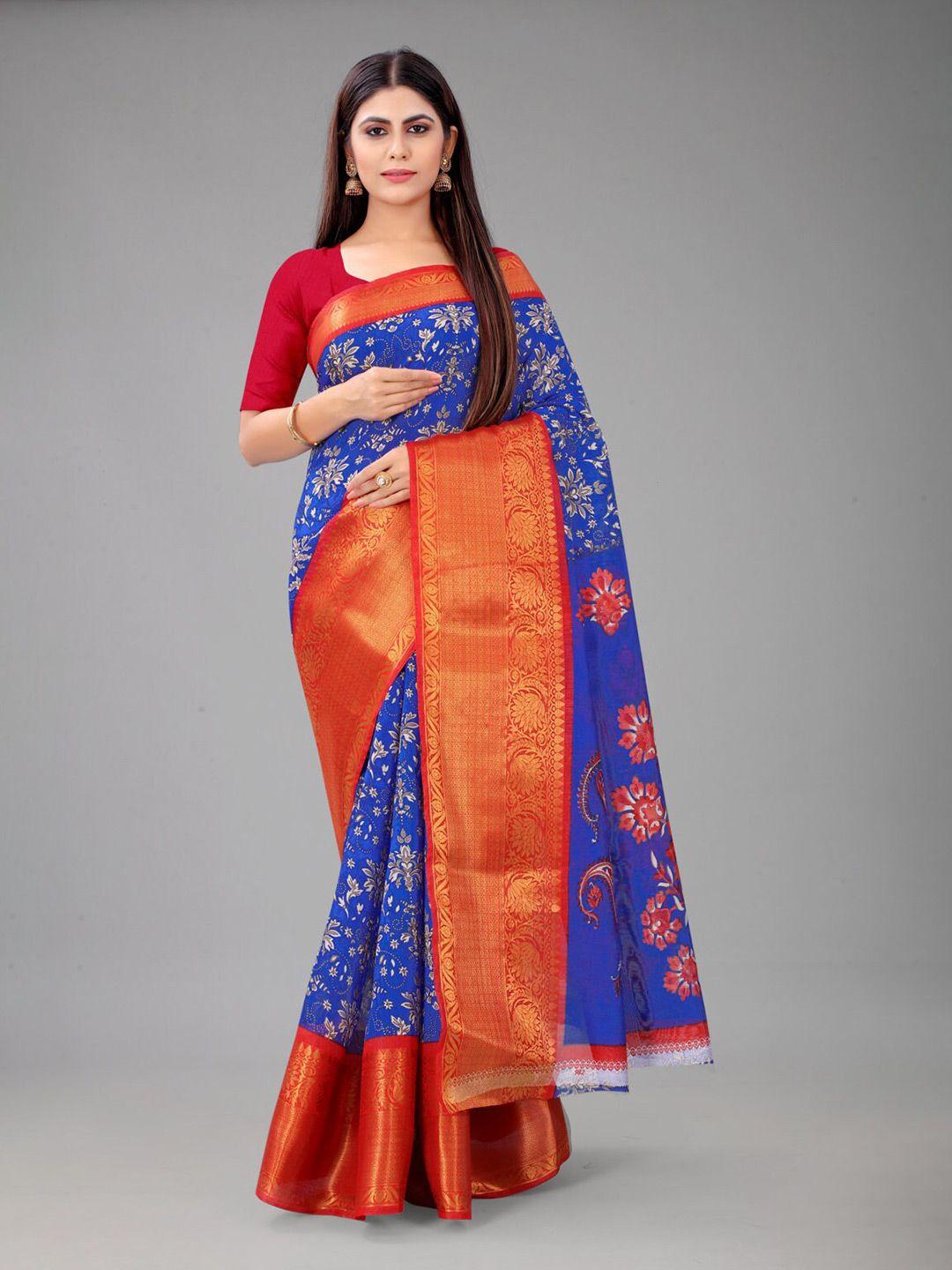 nirja fab blue & red floral zari silk blend chanderi saree