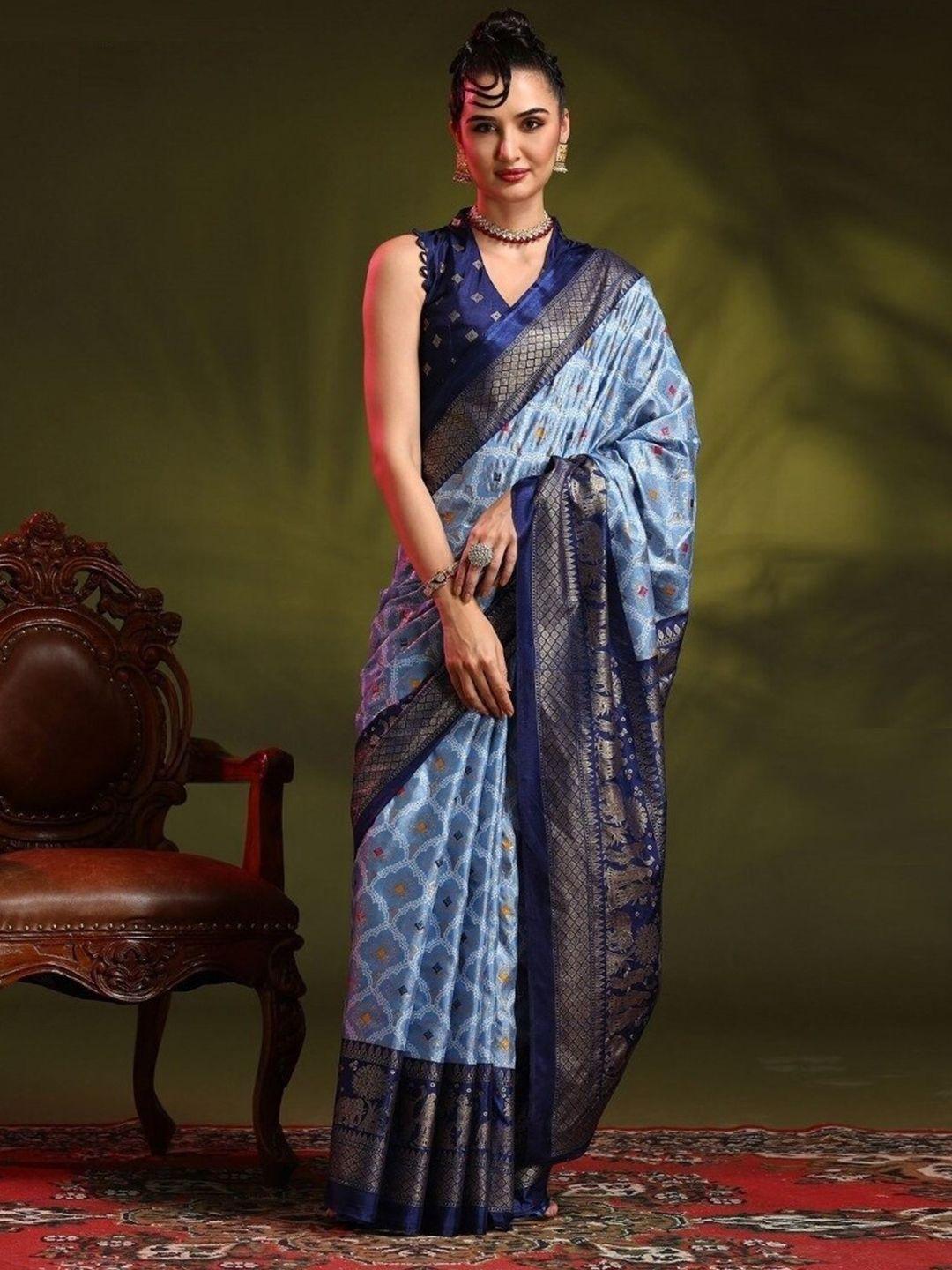 nirja fab blue ethnic motifs silk blend bandhani saree