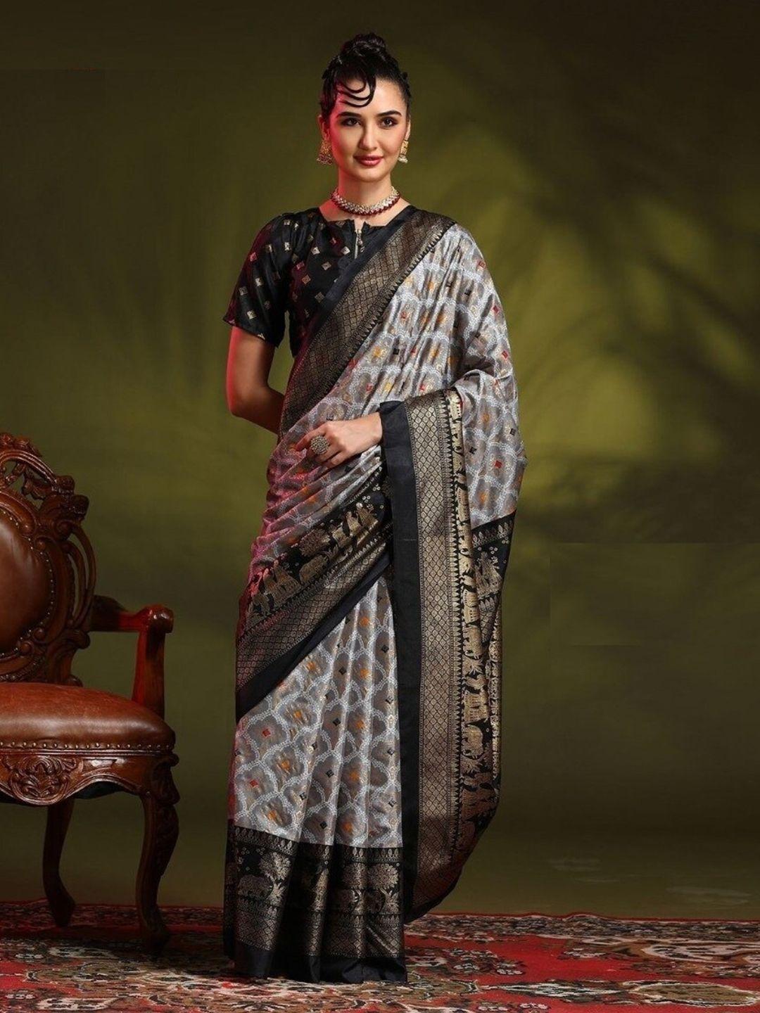 nirja fab grey ethnic motifs silk blend bandhani saree
