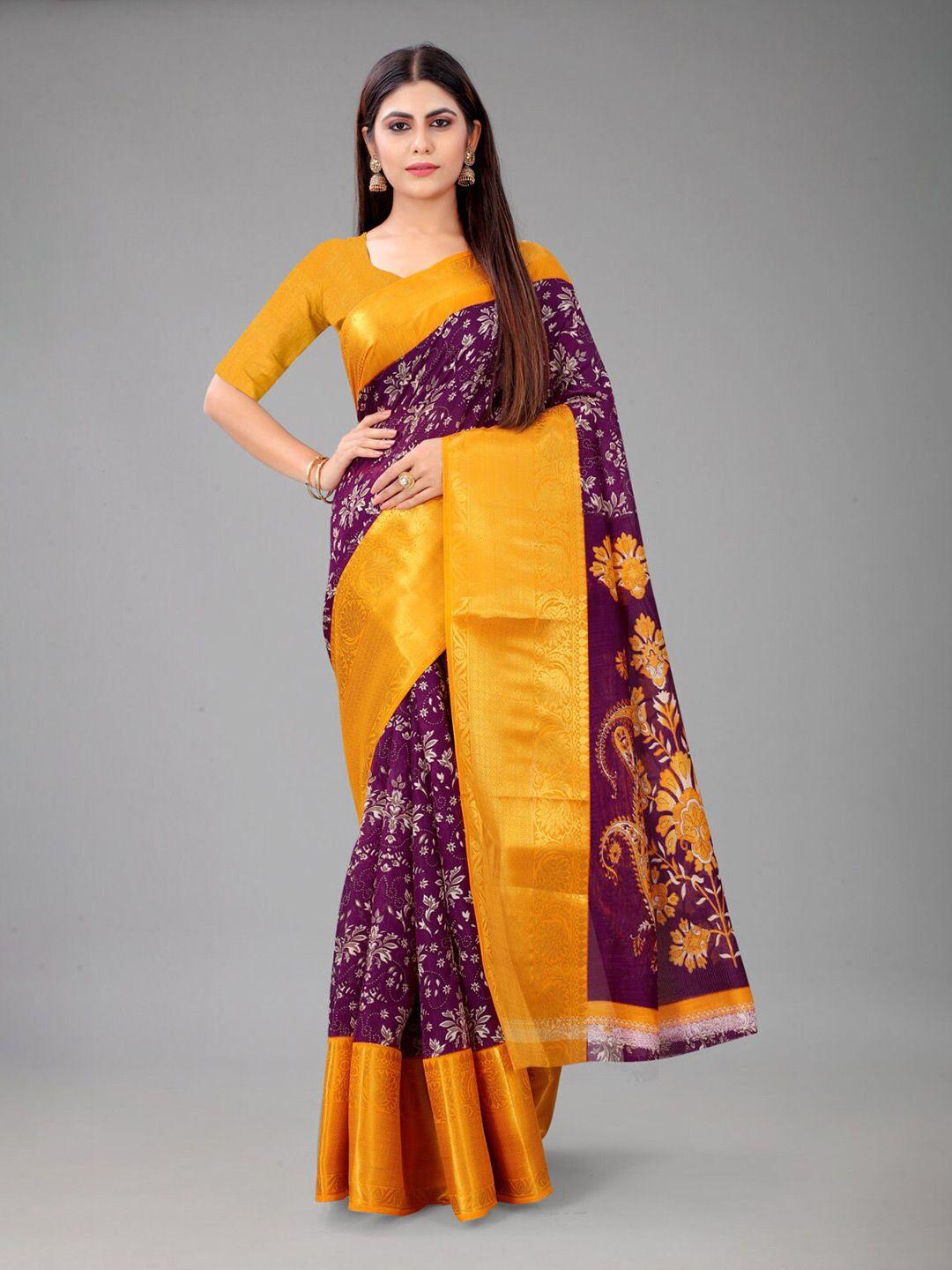 nirja fab magenta & yellow floral zari silk blend chanderi saree