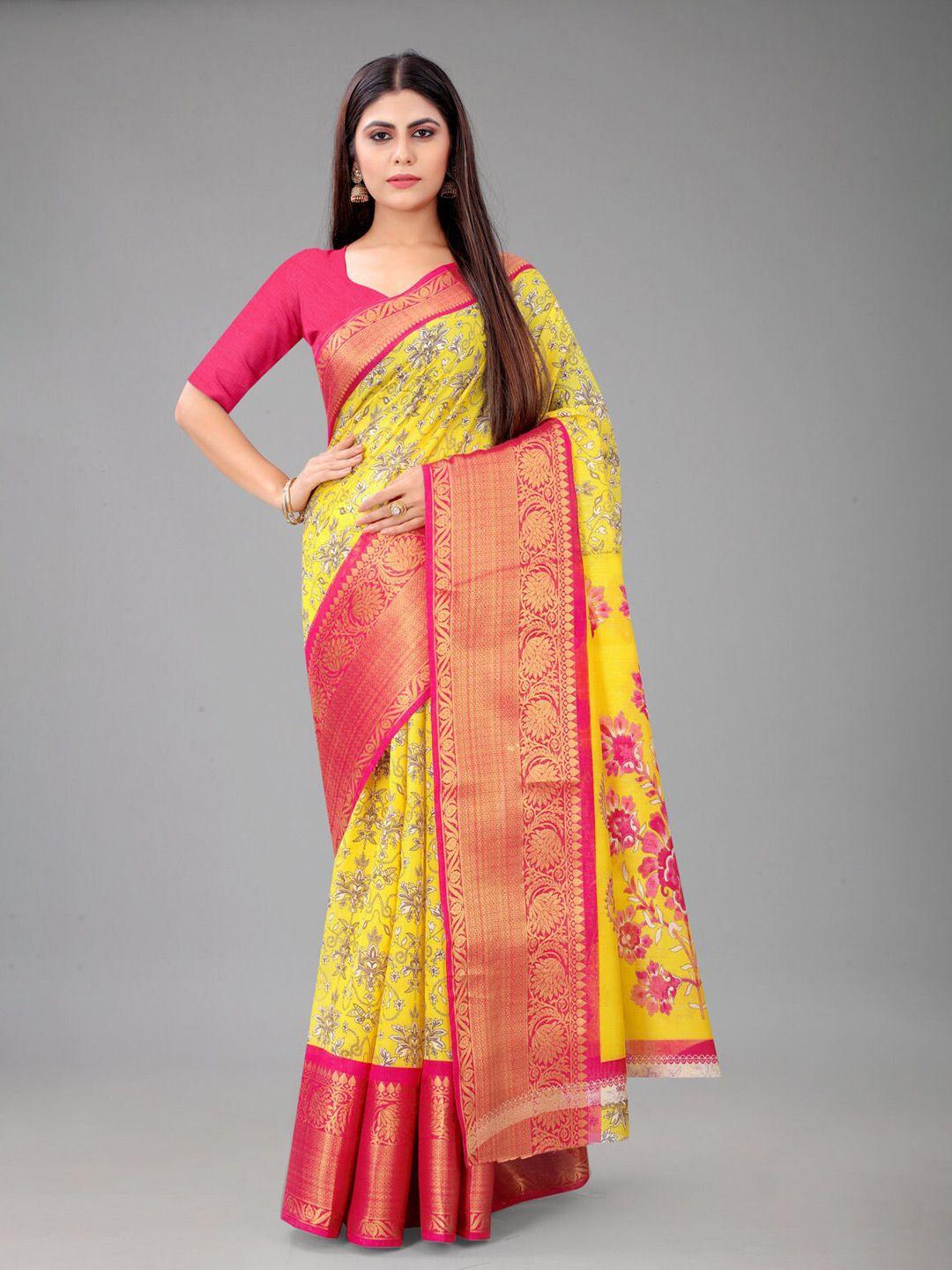 nirja fab yellow & pink floral zari silk blend chanderi saree