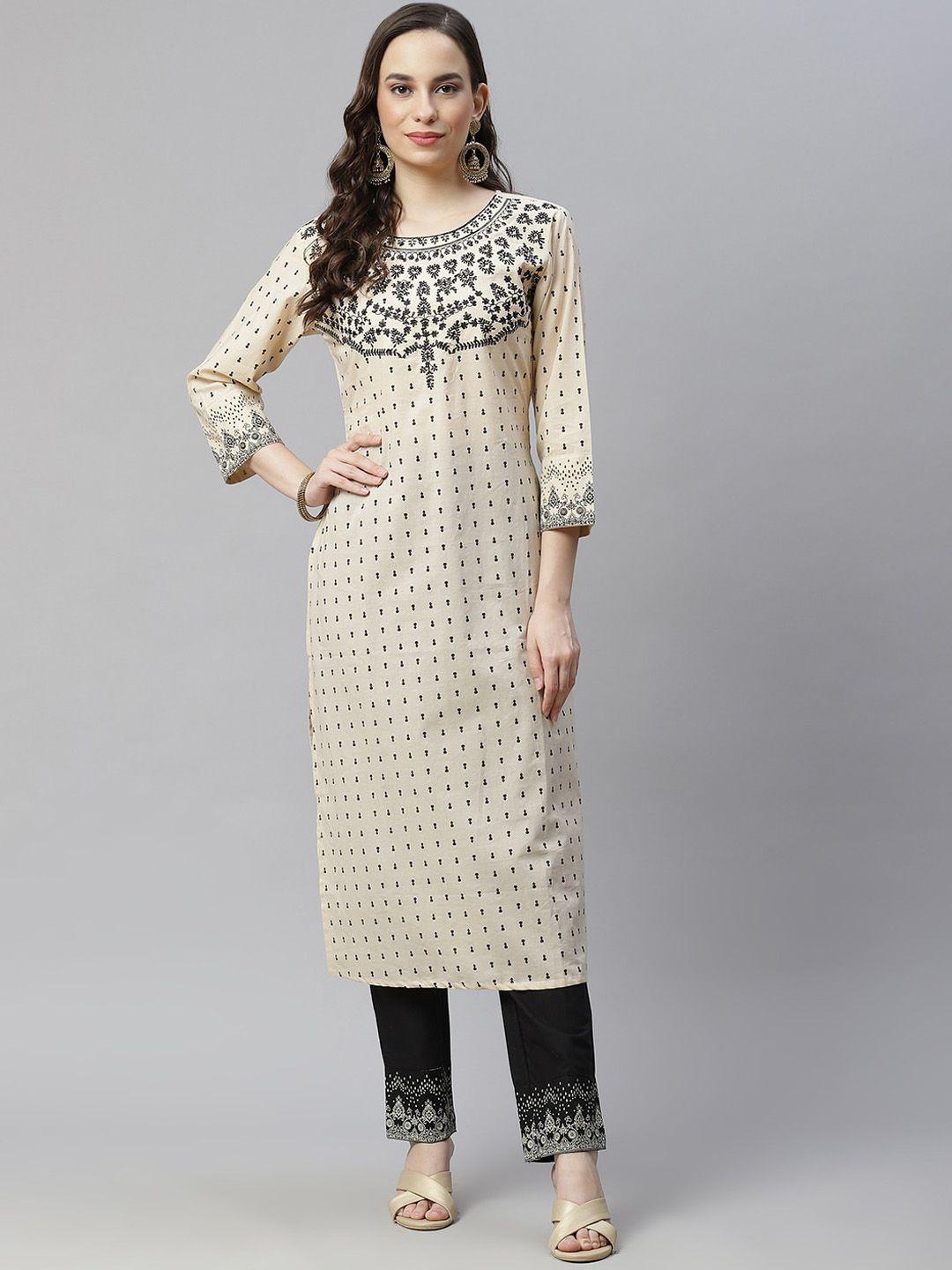 nirkhi women beige & black printed pure cotton kurta with palazzos