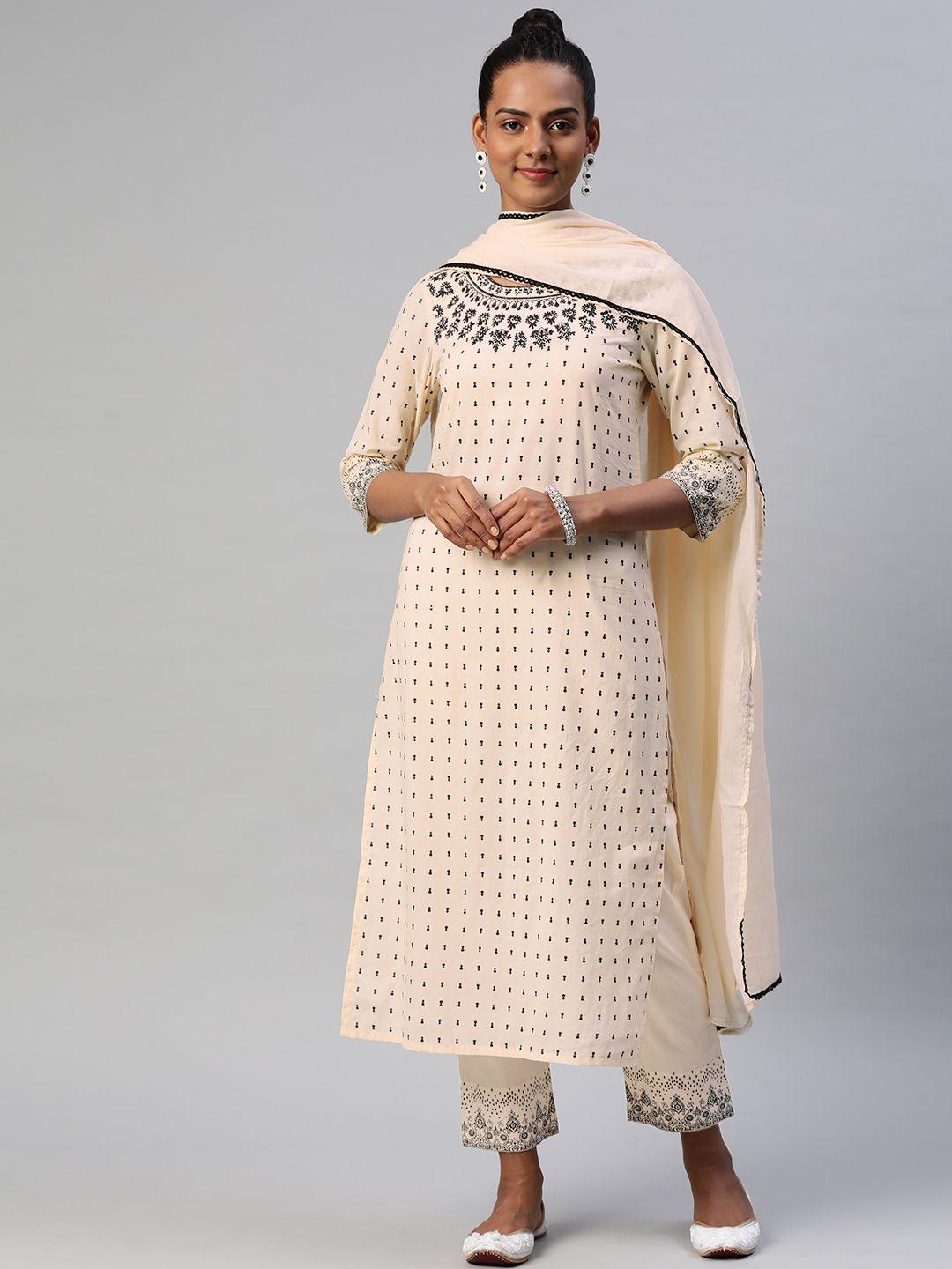 nirkhi women beige ethnic motifs embroidered thread work pure cotton kurta with trousers & with dupatta