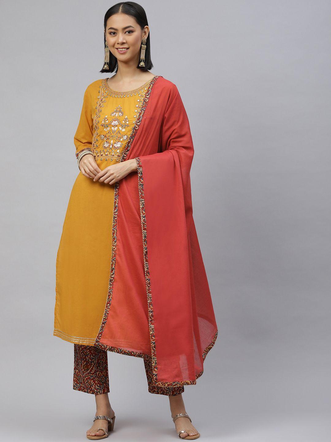 nirkhi women mustard yellow ethnic motifs yoke design mirror work kurta with palazzos & with dupatta