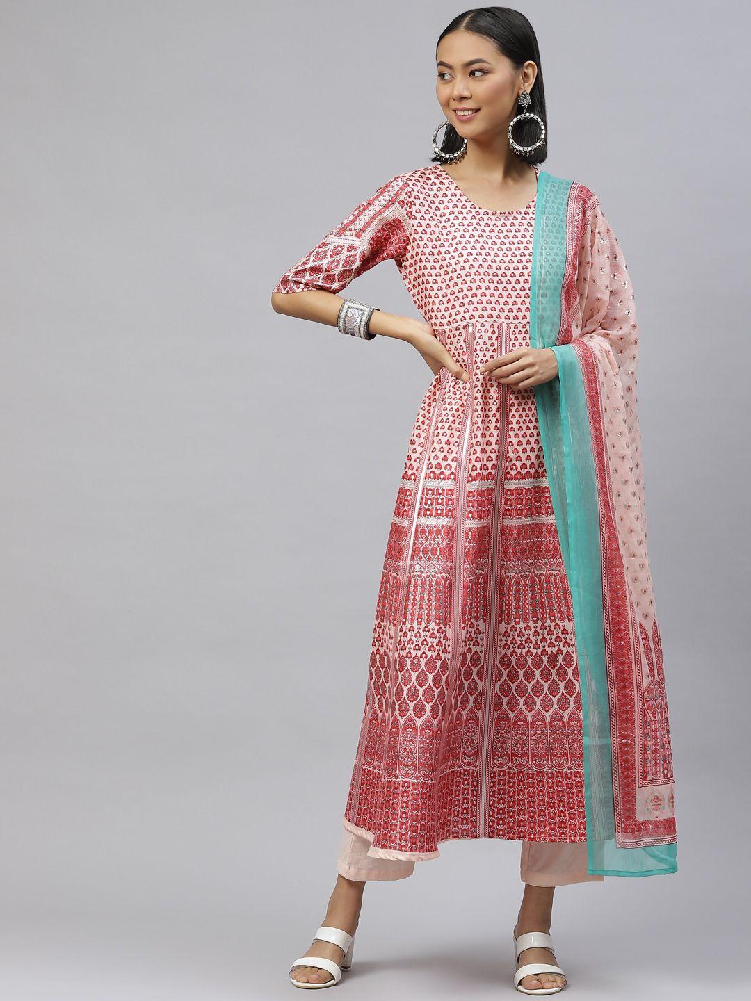 nirkhi women peach-coloured ethnic motifs printed kurta with palazzos & with dupatta