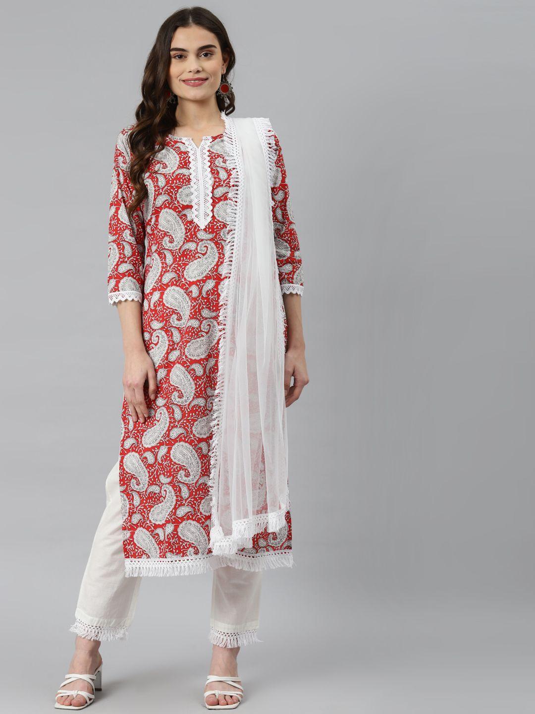 nirkhi women red & white paisley printed pure cotton kurta with trousers & dupatta