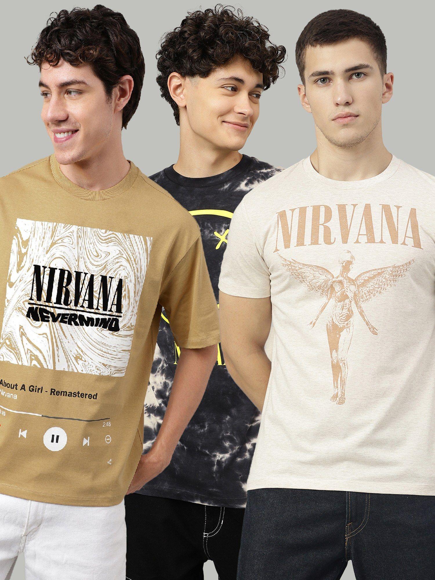 nirvana printed regular fit multicolor cotton blend men t-shirt (pack of 3)