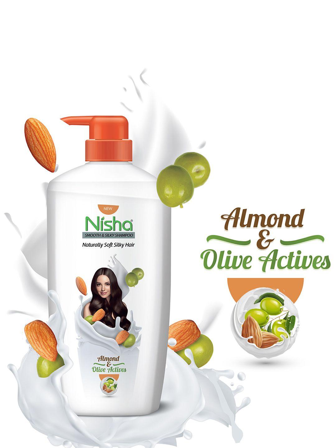 nisha  smooth naturally soft & silky hair shampoo with almond & olive active 650 ml