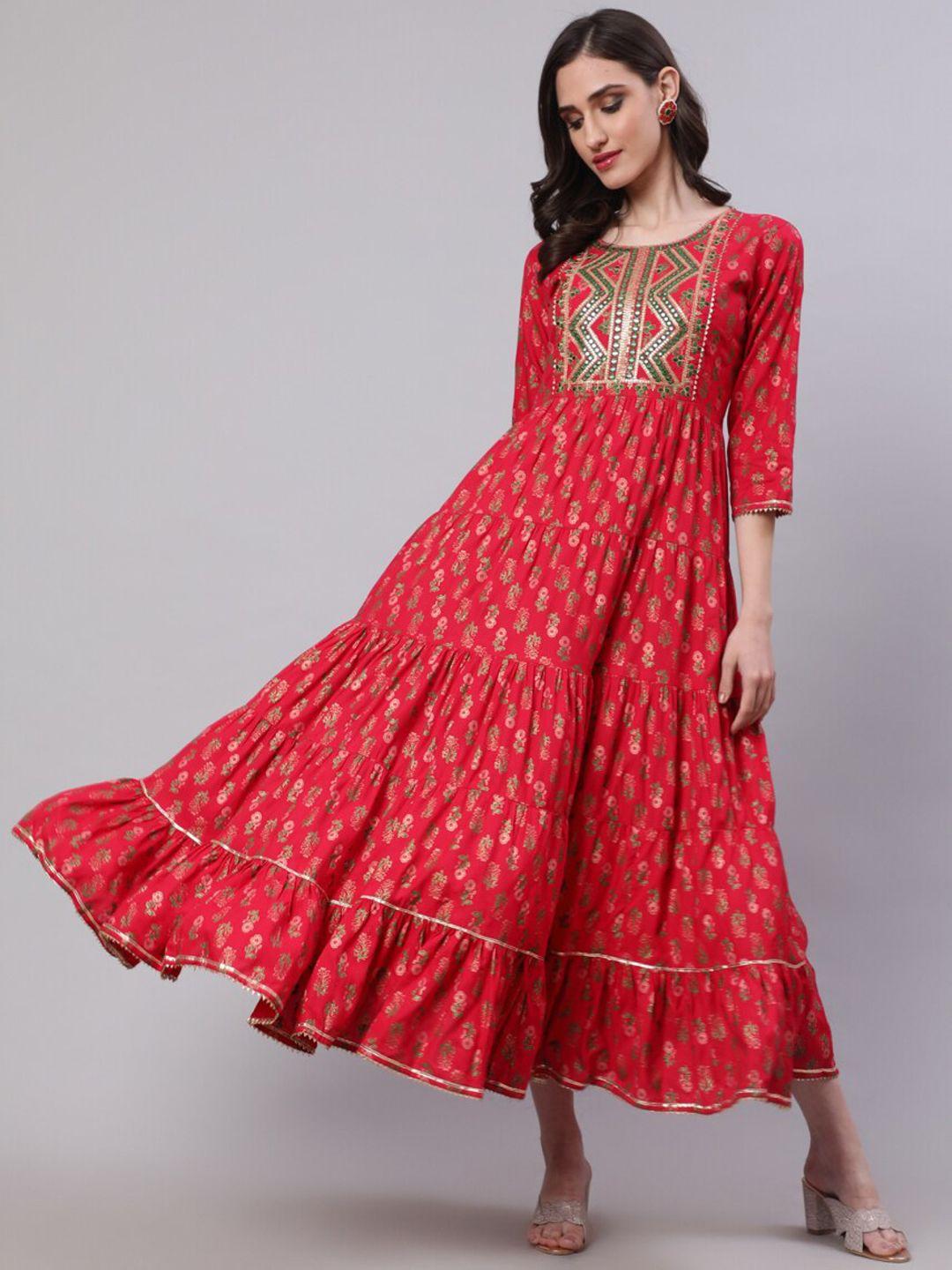 nishabd ethnic motifs printed embroidered tiered a-line ethnic dress