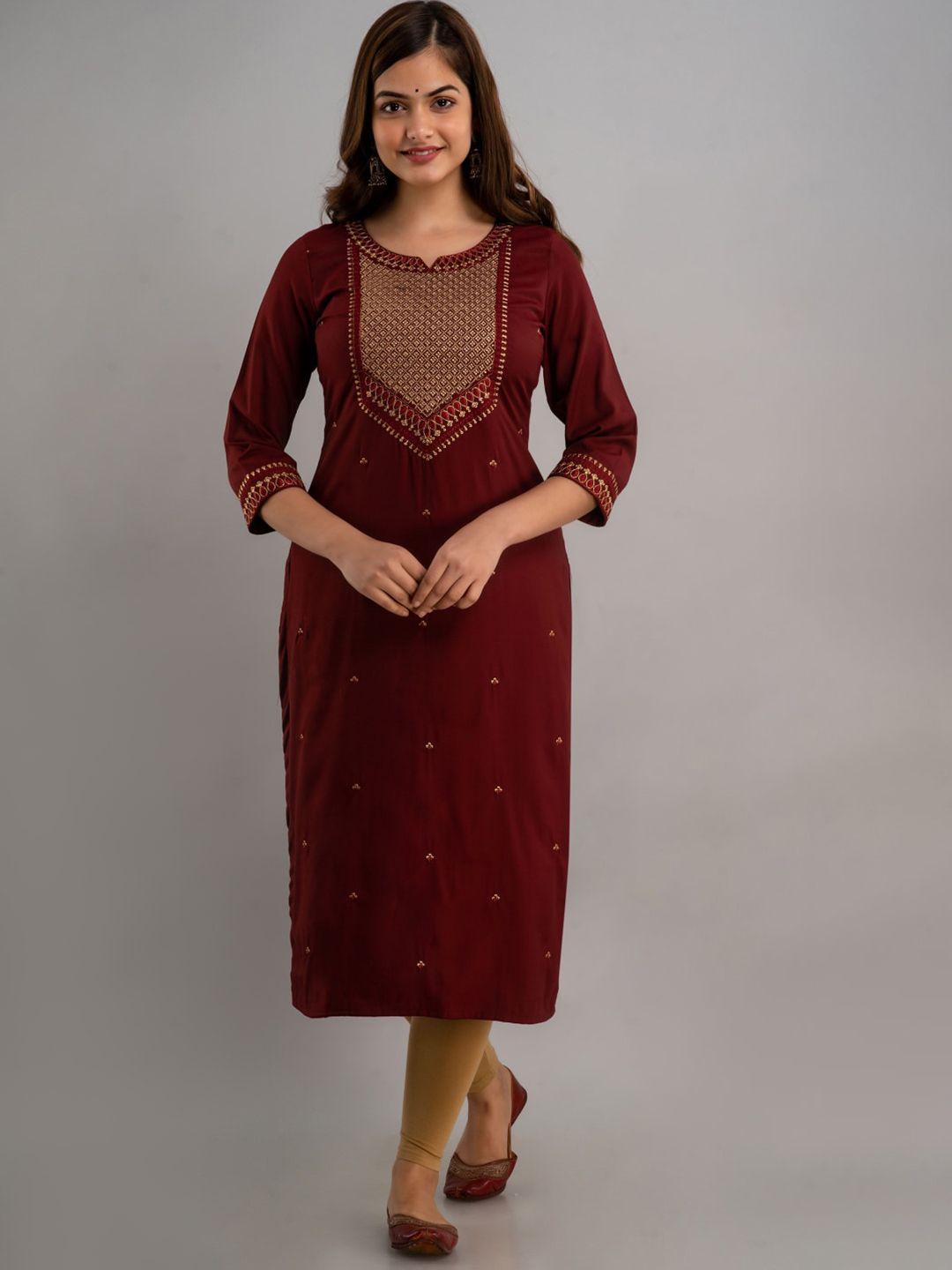 nishabd women maroon geometric embroidered flared sleeves kurta