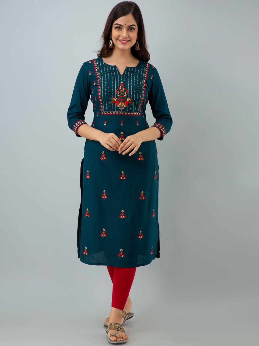 nishabd floral embroidered notched neck straight kurta