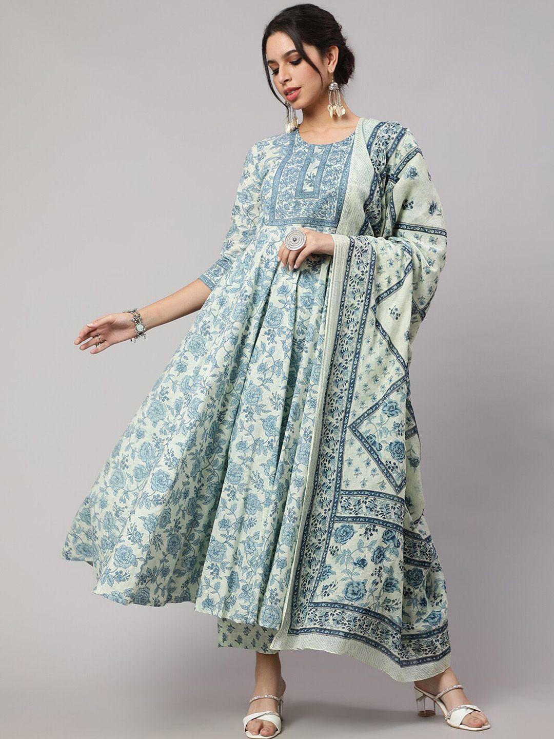 nishabd floral printed anarkali pure cotton kurta with palazzos & dupatta