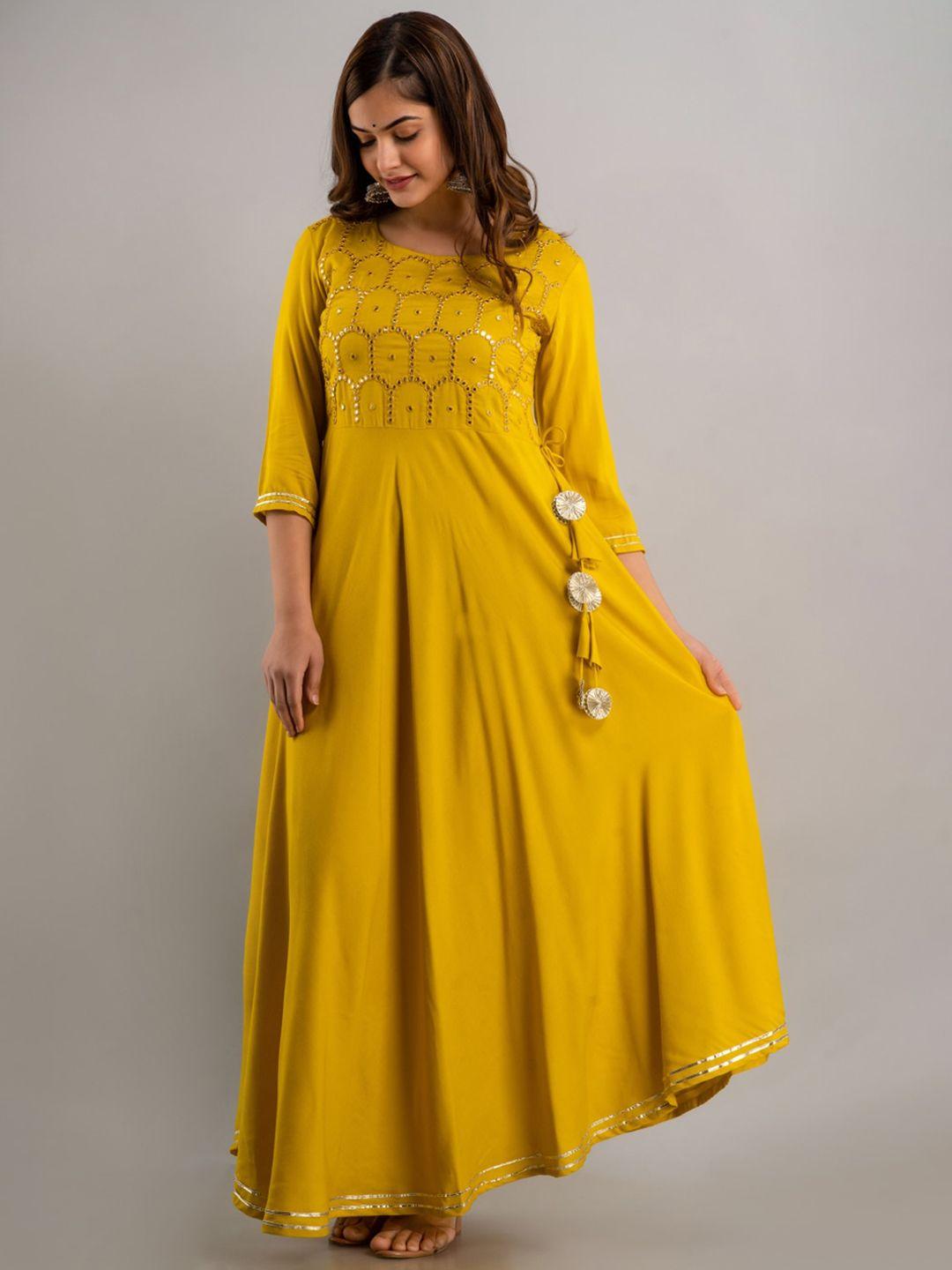 nishabd women mustard yellow embroidered flared sleeves thread work anarkali kurta