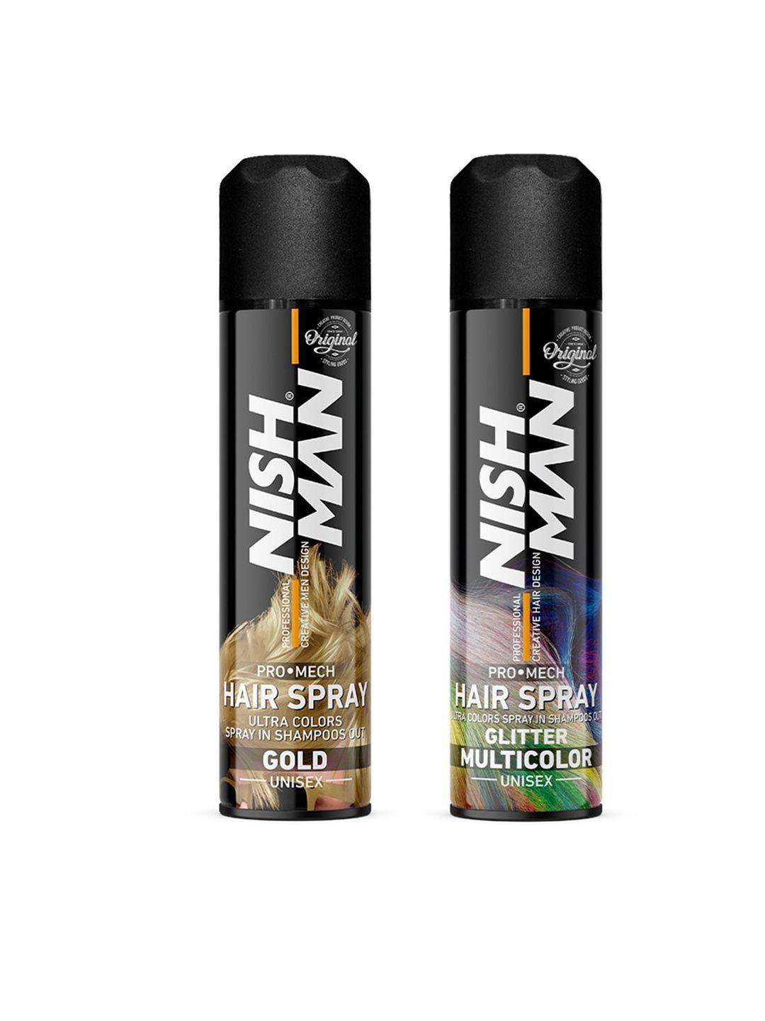 nishman pro mech 2-pcs hair color spray - 150ml each - gold & multi