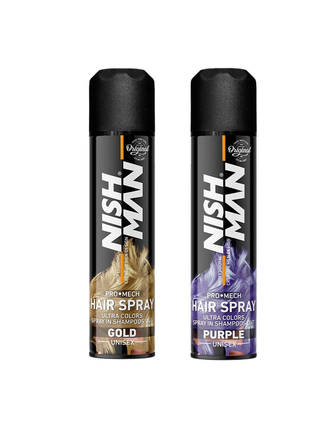 nishman pro mech 2-pcs hair color spray - 150ml each - gold & purple