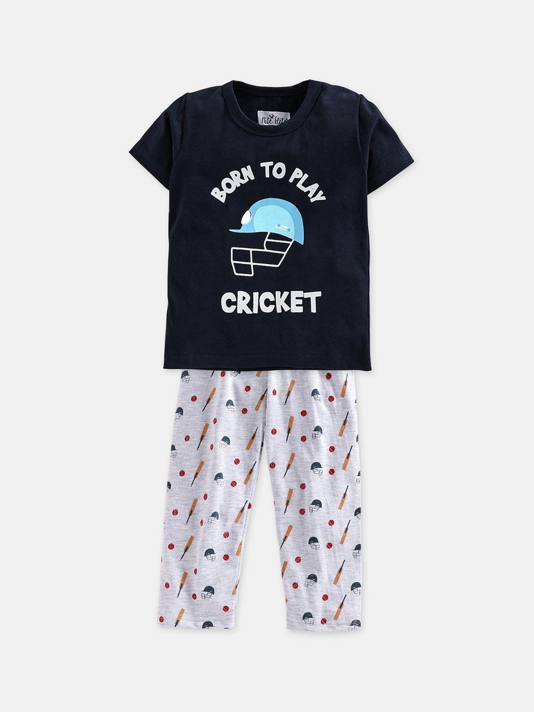 nite flite boys navy blue & grey melange cricket print night suit