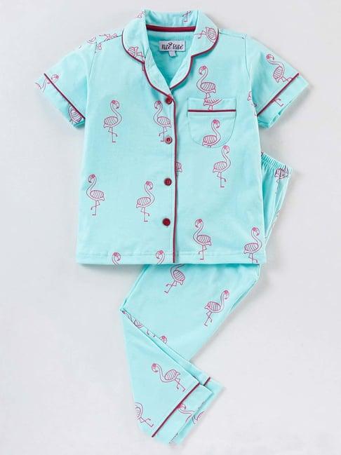 nite flite kids blue & pink cotton printed shirt set