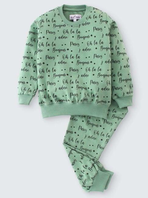 nite flite kids green cotton printed full sleeves sweatshirt set
