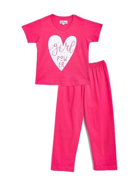 nite flite kids pink cotton printed t-shirt & pyjama