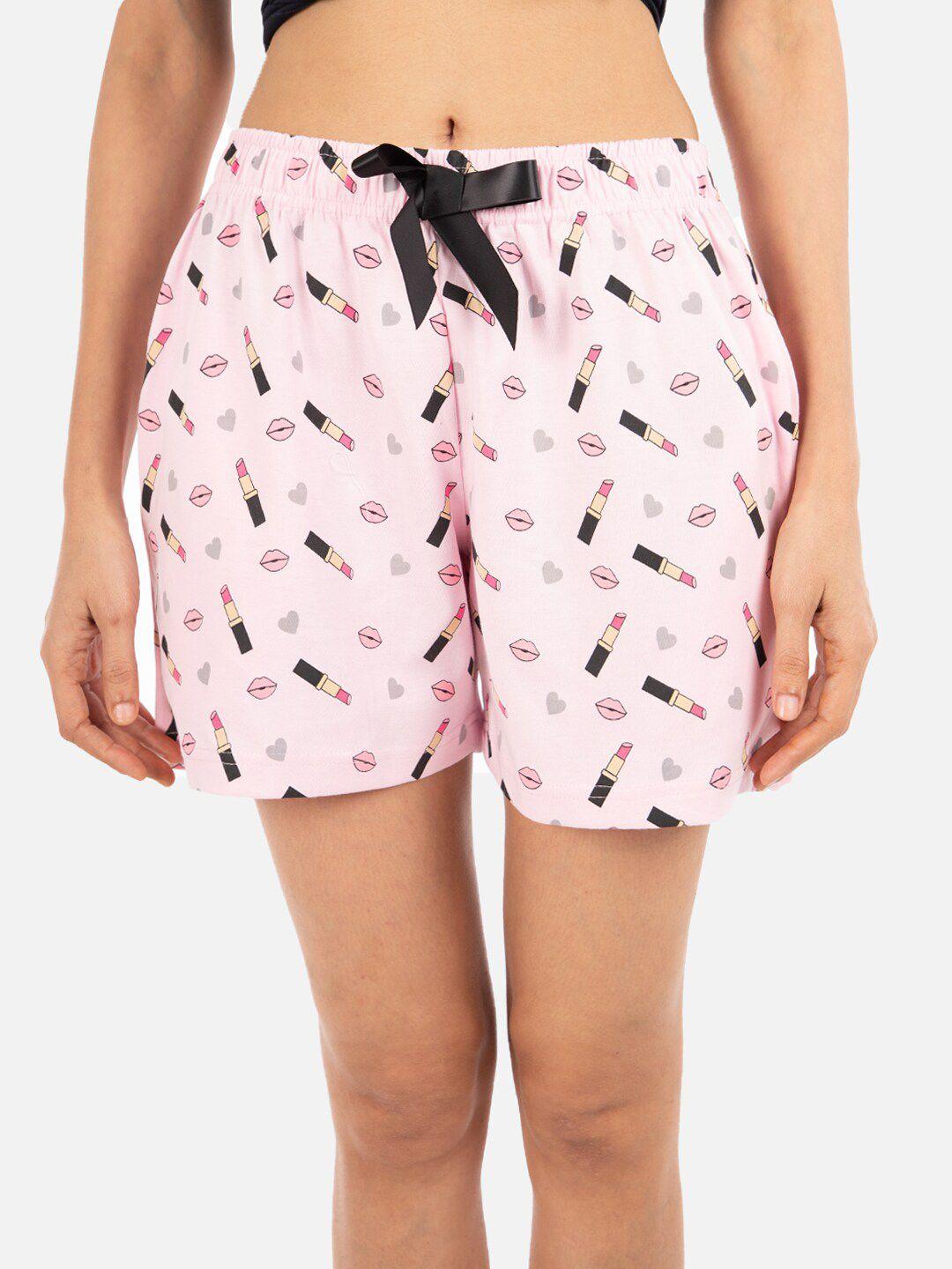 nite flite women pink & black printed cotton lounge shorts