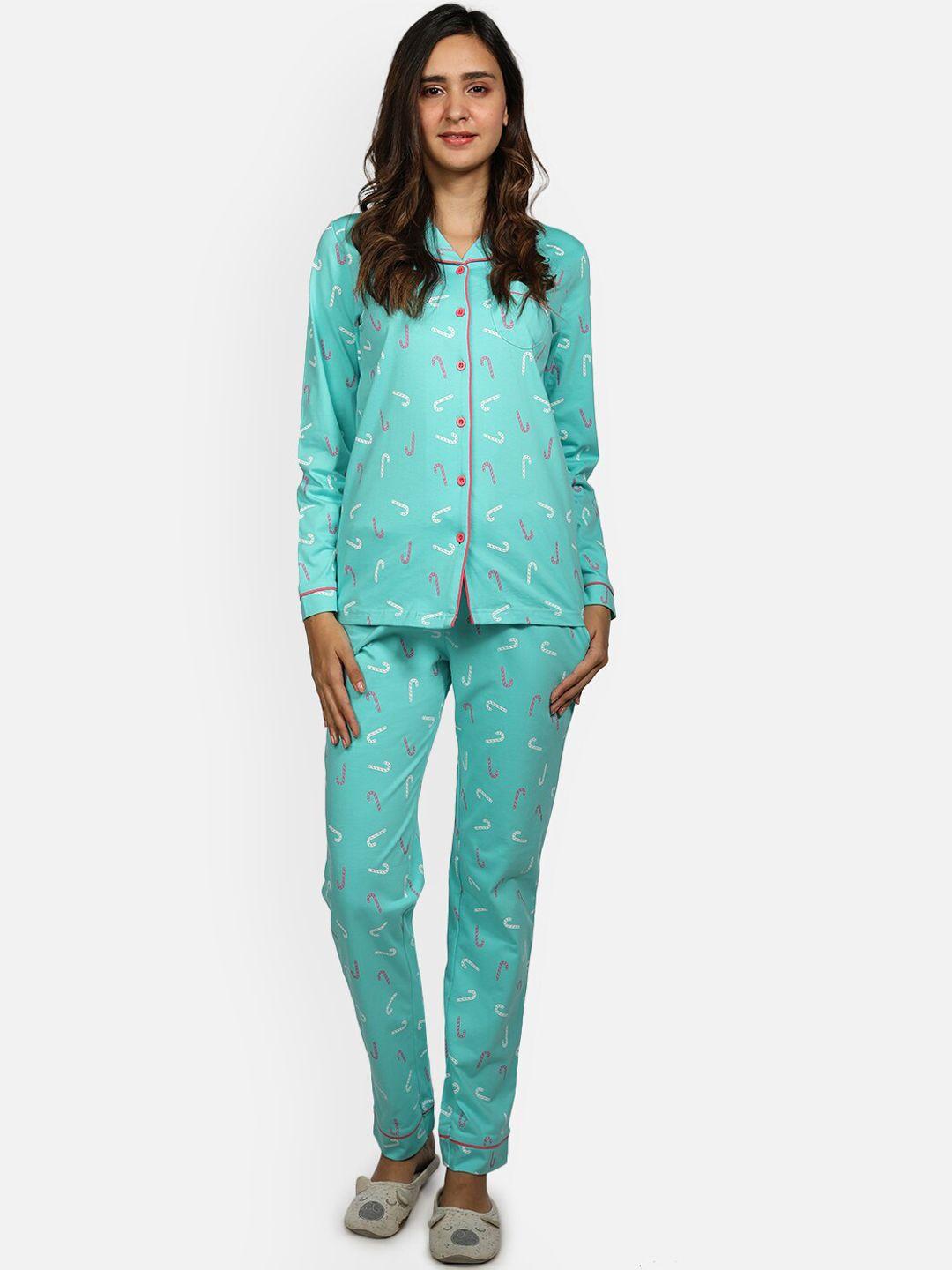 nite flite women turquoise blue & pink printed night suit