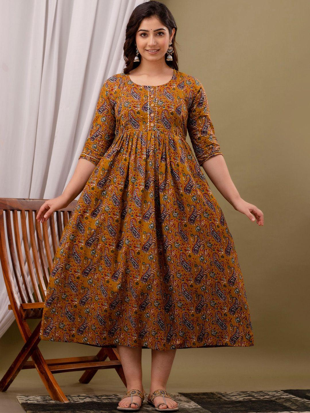 nitvan ethnic motifs printed pleated detail maternity cotton fit and flare ethnic dresses