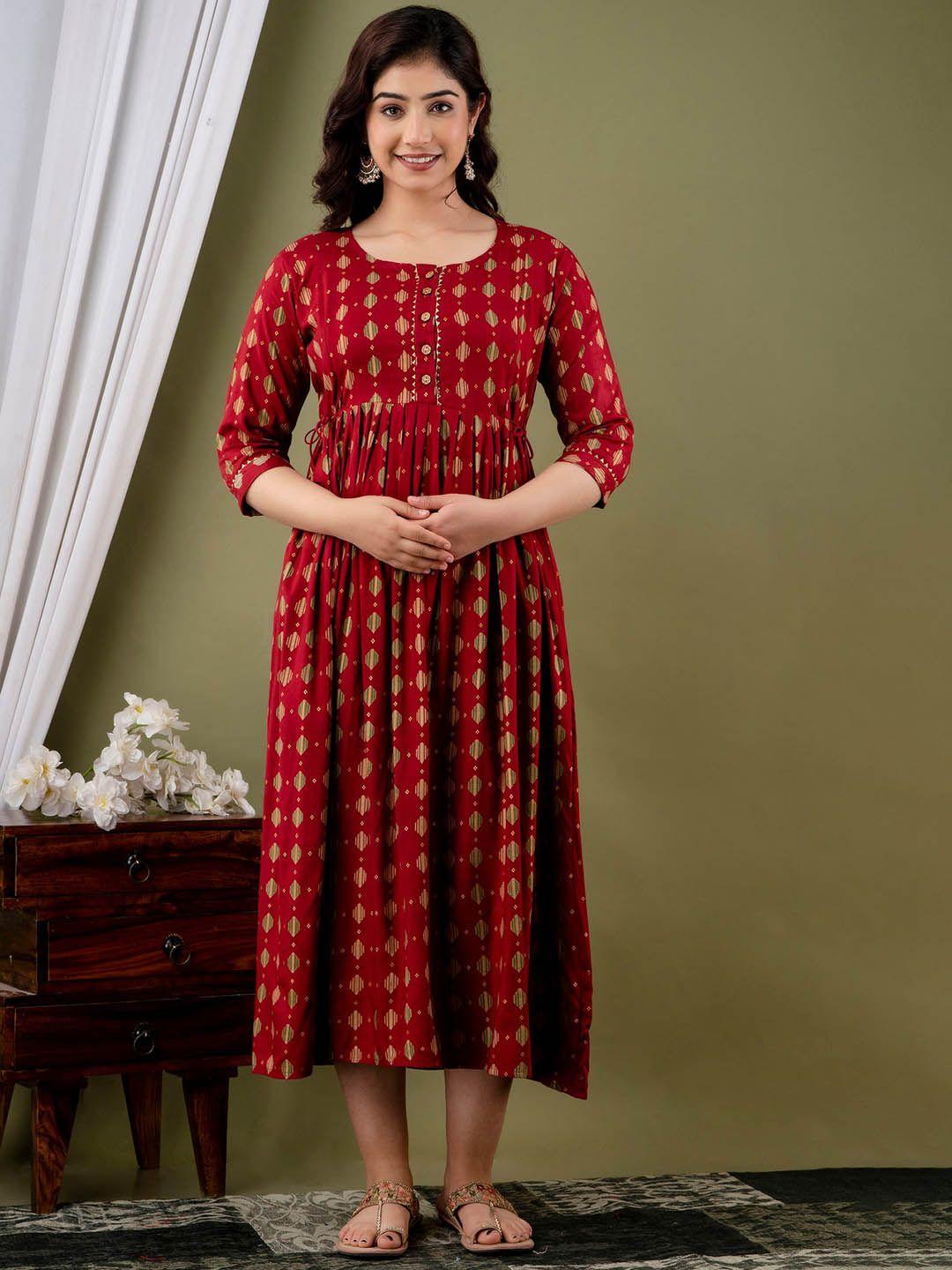 nitvan ethnic motifs printed pleated detail maternity cotton fit and flare ethnic dresses